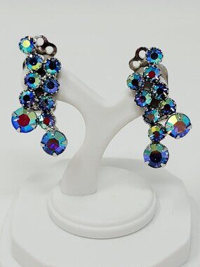 Vintage Continental Aurora Borealis Rhinestone Clip On Earrings